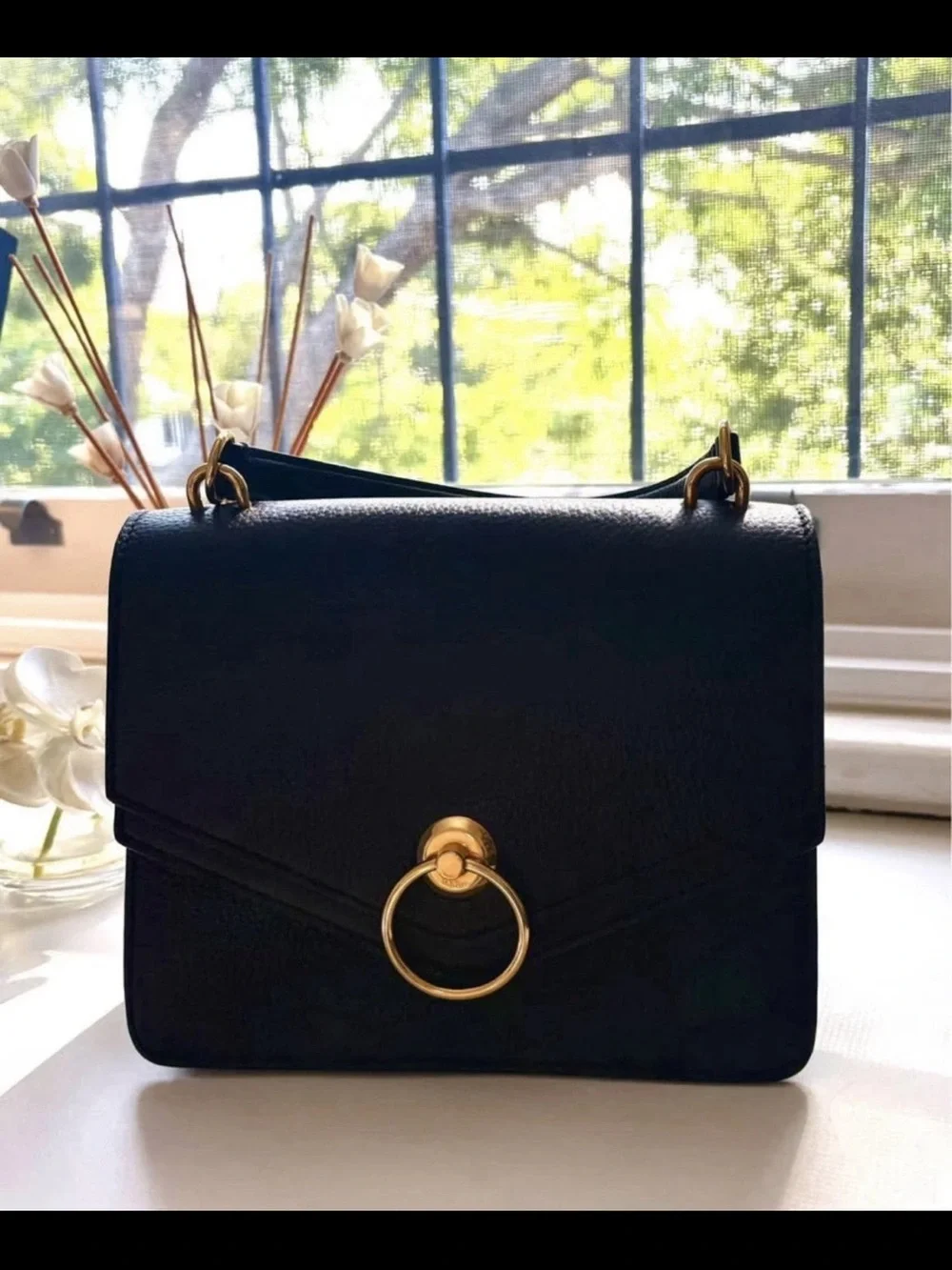 Mulberry Black Leather Satchel with Gold Ring Detail